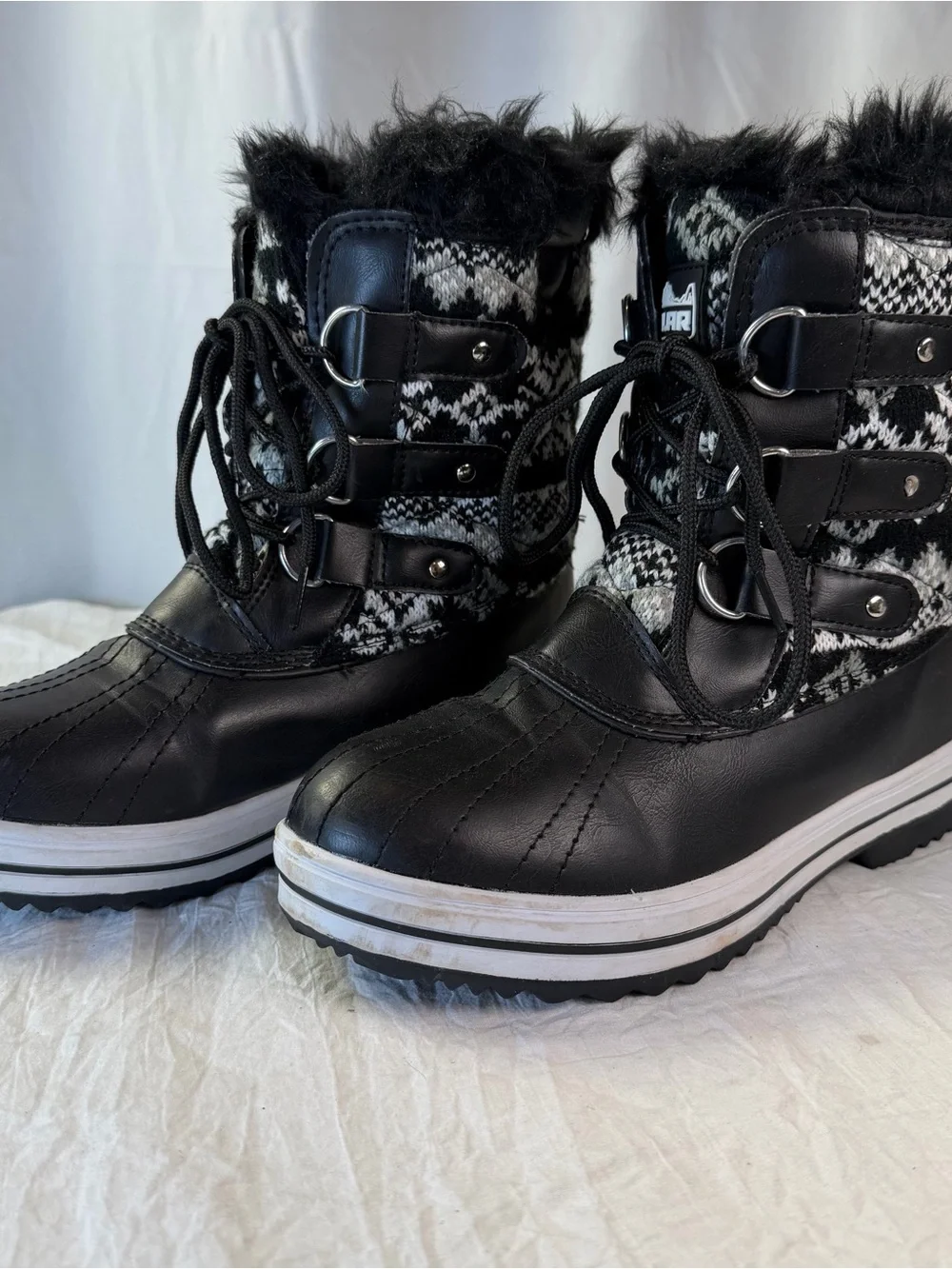 Polar Women’s sz8 Black & White Fair Aisle Sweater Faux-Fur Winter Snow Boots